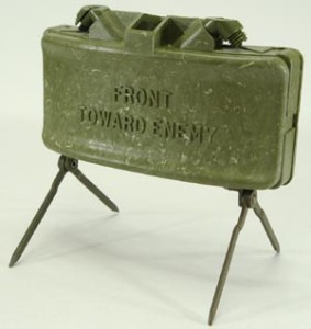 A Claymore anit-personnel mine sprays metal fragments in a broad and directed pattern which is why the instructions on it say to point it toward the enemy.