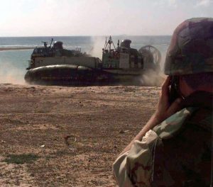 A U-S hovercraft beaching at Mogadishu. The is capable of speeds of over 40 knots and loads of 60 tons.